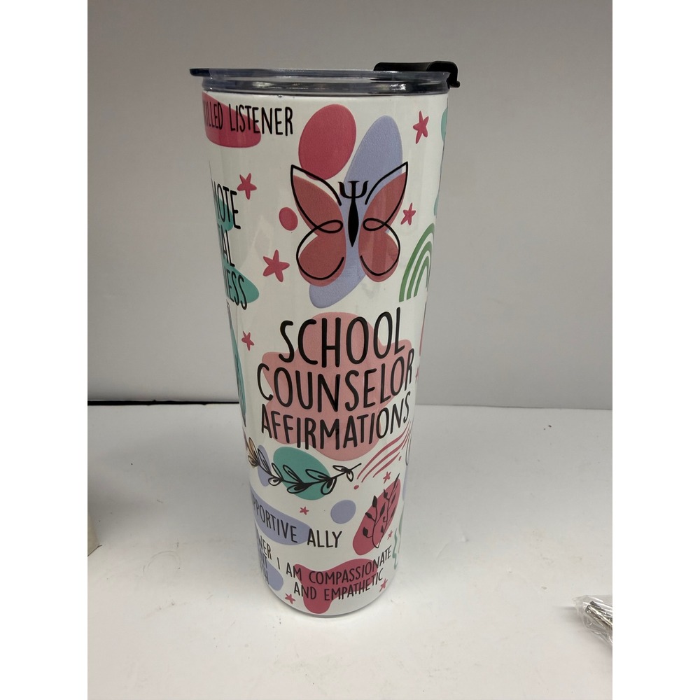 Onebttl School Counselor Affirmations Skinny Tumbler 20oz with Straw and Brush